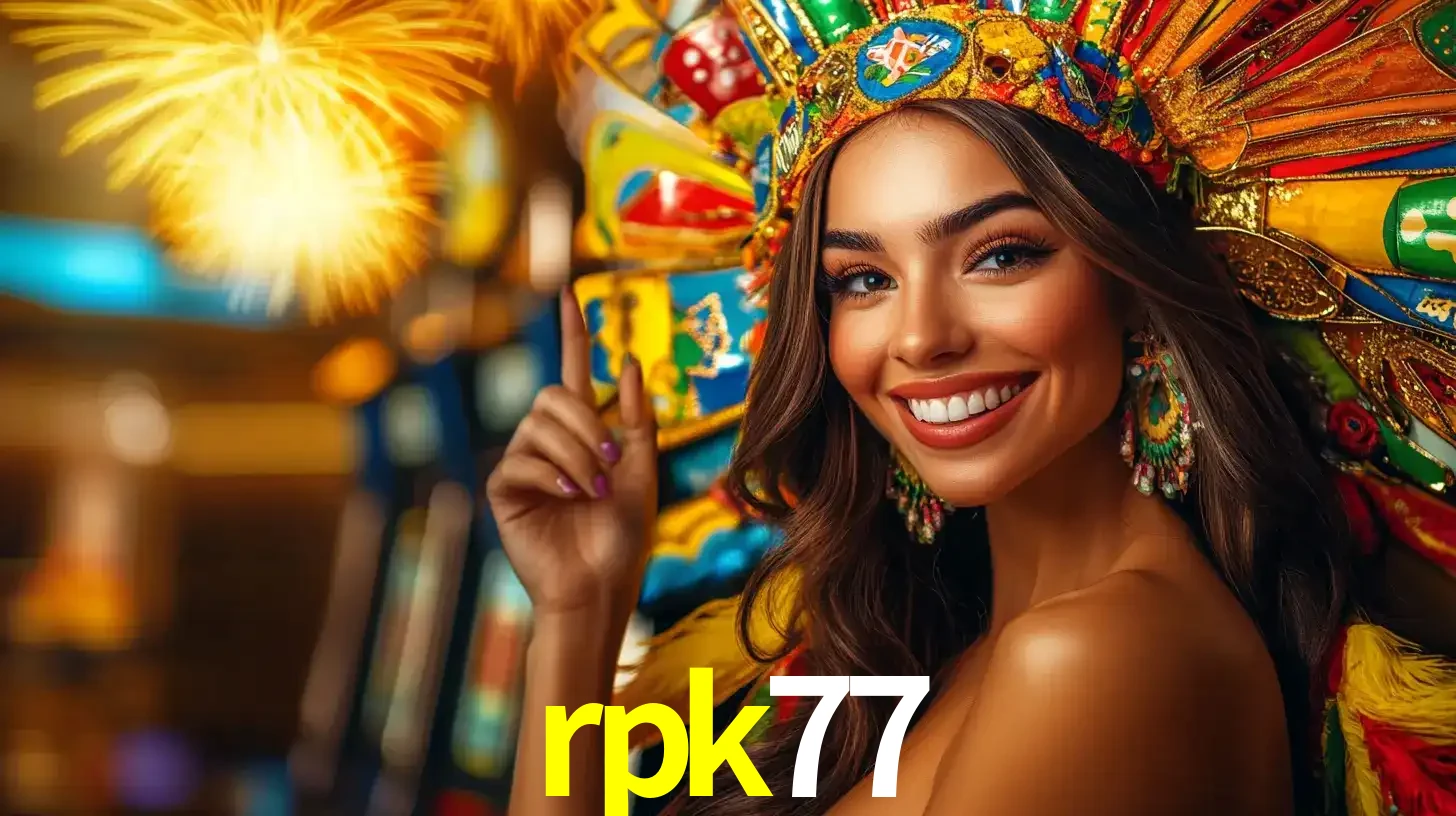 Mulher sorridente com um cocar de carnaval vibrante e colorido, celebrando uma grande vitória nos jogos do cassino rpk77 com fogos de artifício ao fundo.
