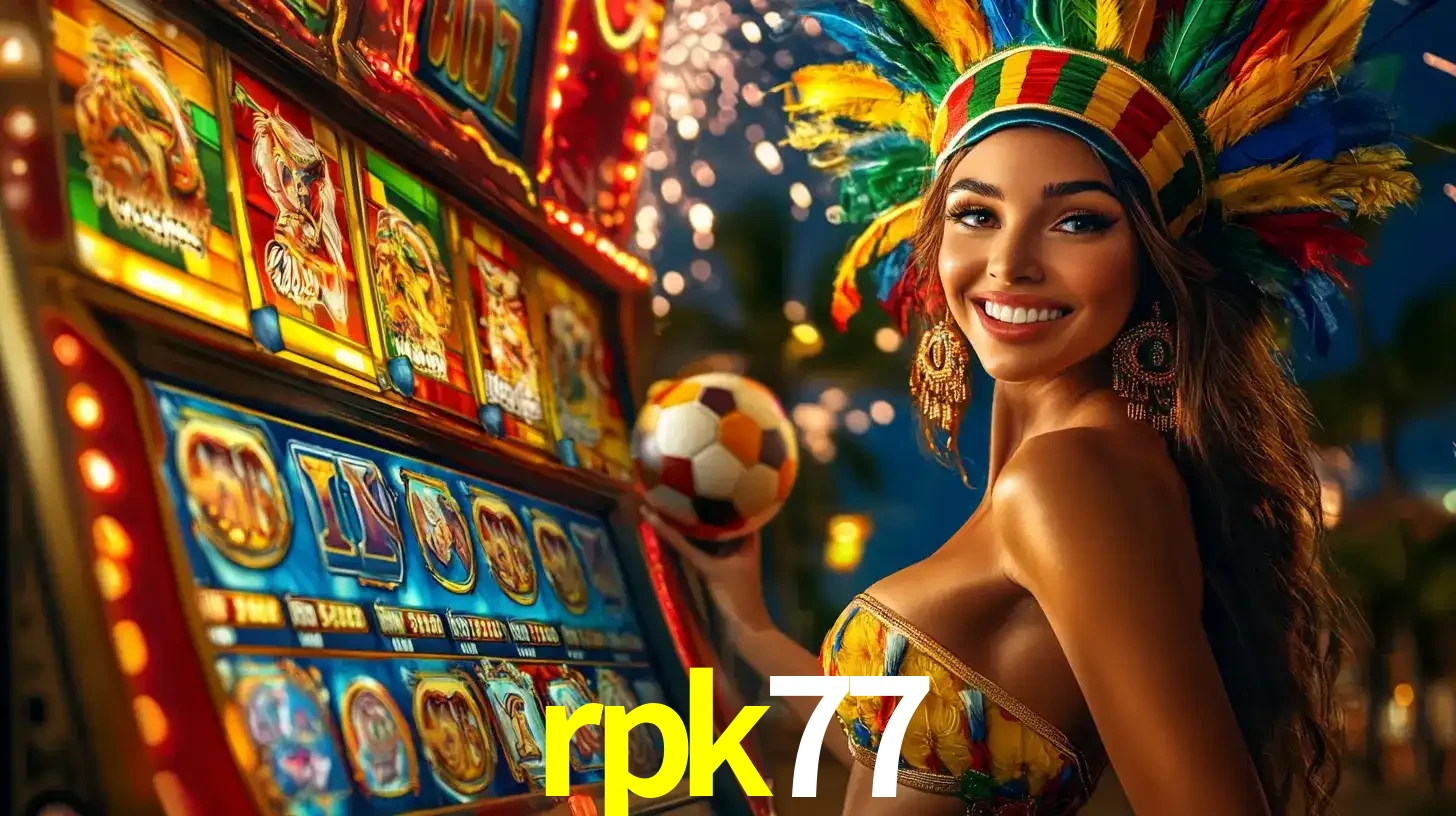 Mulher com um cocar de carnaval ao lado de uma máquina de caça-níqueis enquanto segura uma bola de futebol, mostrando a união da diversão de cassino e esportes no rpk77.