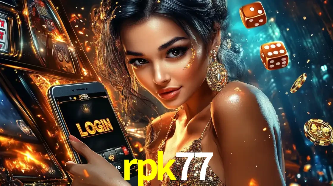 Mulher glamourosa segurando um celular com a tela de login do cassino rpk77, rodeada por dados e moedas douradas, pronta para começar a diversão.