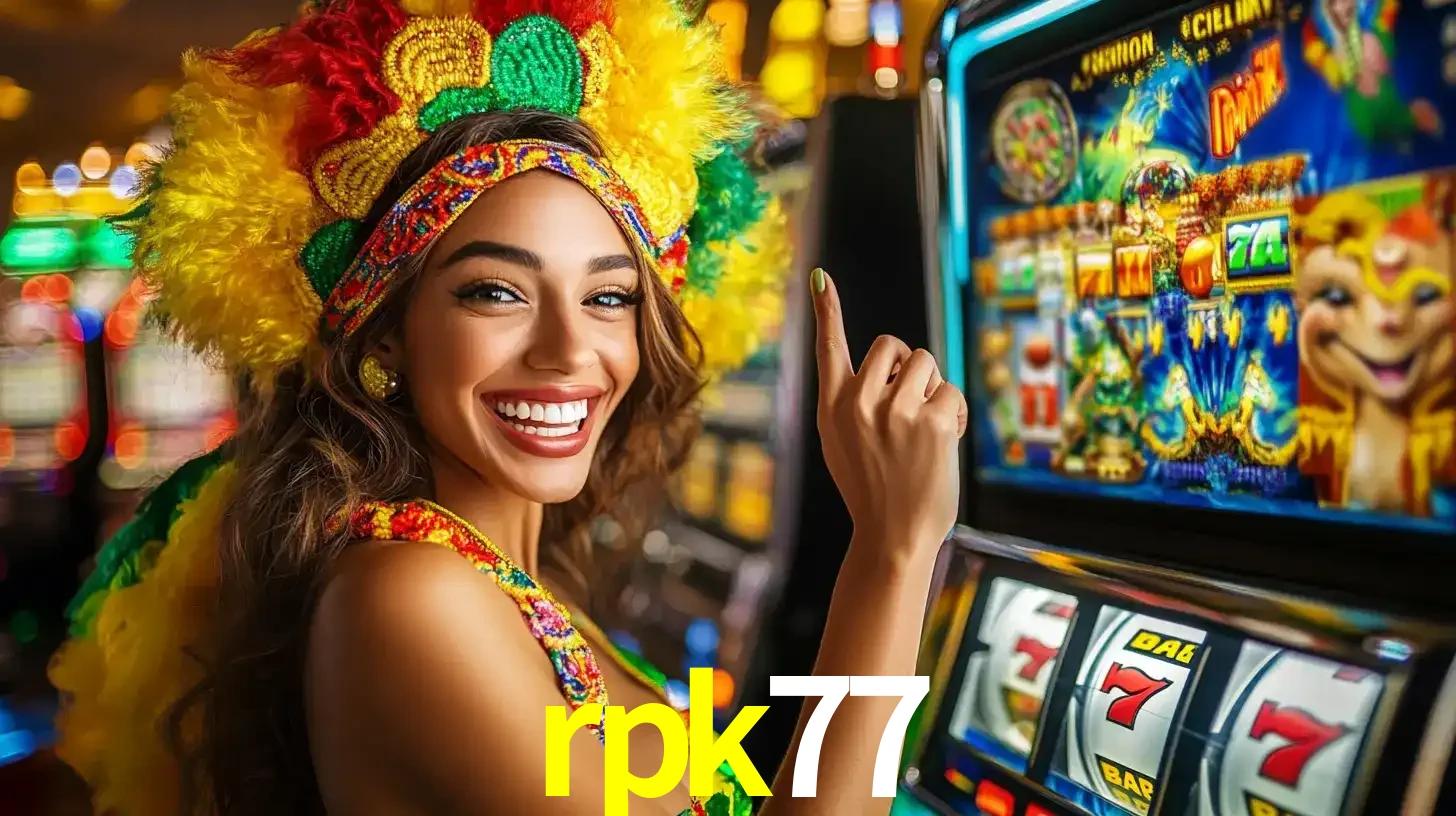 Mulher animada com um cocar de carnaval apontando para uma máquina de caça-níqueis, mostrando a emoção de ganhar um grande prêmio nos jogos do rpk77.