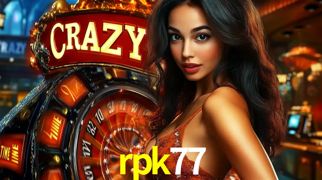 Mulher glamourosa olhando para a câmera com a roda vermelha do Crazy Time ao fundo em um ambiente de cassino, destacando a emoção dos jogos ao vivo no rpk77.