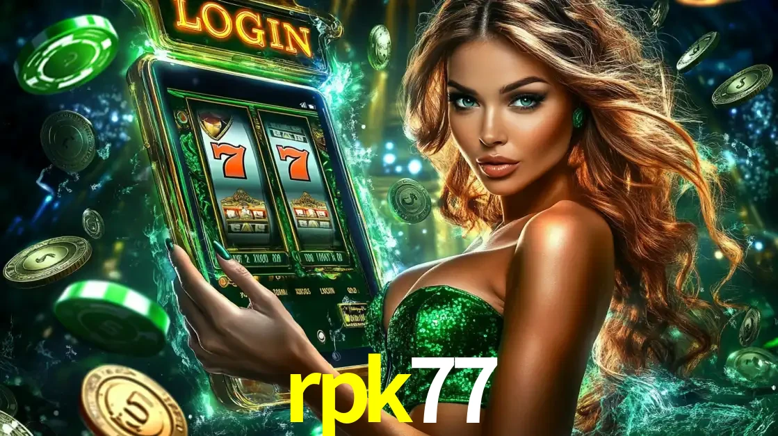 Mulher com tema verde apresentando o aplicativo do cassino rpk77 com um jogo de slot de 777, cercada por fichas de cassino e uma aura de sorte.