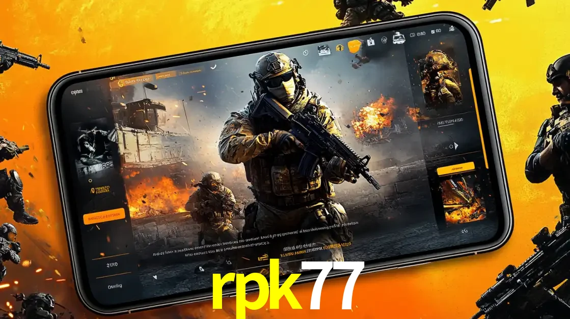 Um smartphone exibindo a interface de um jogo de tiro em primeira pessoa, com um soldado em um cenário de batalha, representando a ação dos e-sports para apostar no rpk77.