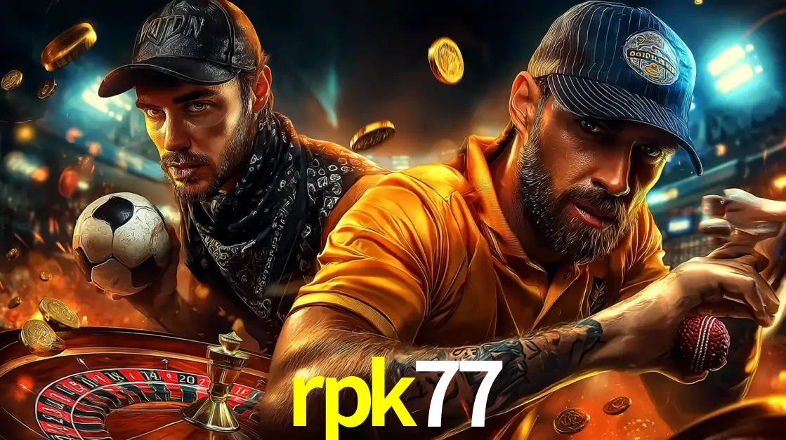 Montagem de apostas esportivas e cassino no rpk77, com um homem segurando uma bola de futebol e outro uma de beisebol sobre uma roleta e moedas voadoras.