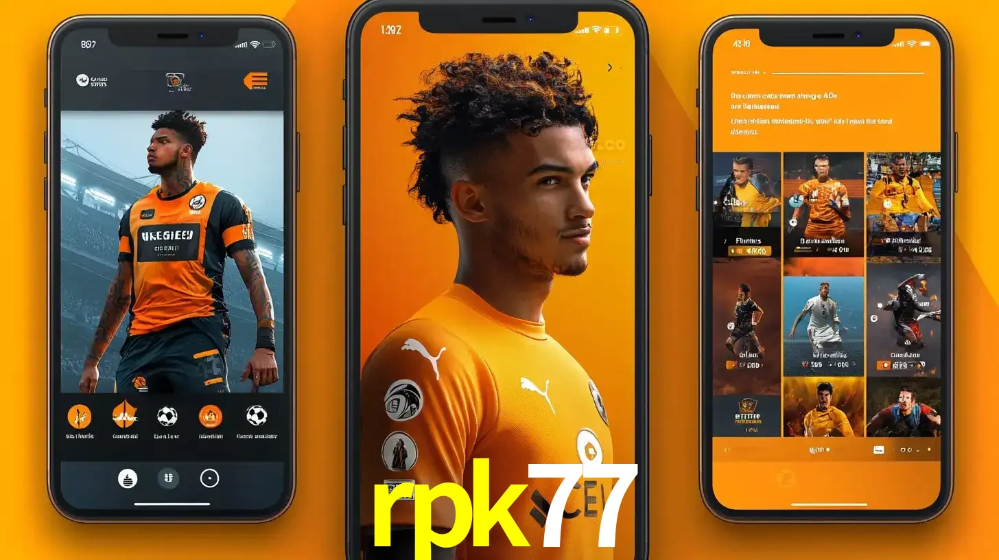 Interface do aplicativo de apostas esportivas rpk77 em três telas de celular, mostrando o perfil de um jogador de futebol e a lista de jogos disponíveis para apostar.
