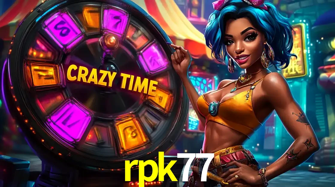 Mulher estilizada com cabelo azul e visual vibrante posando ao lado da roda de prêmios do game show Crazy Time, convidando para a diversão e os bônus do cassino rpk77.