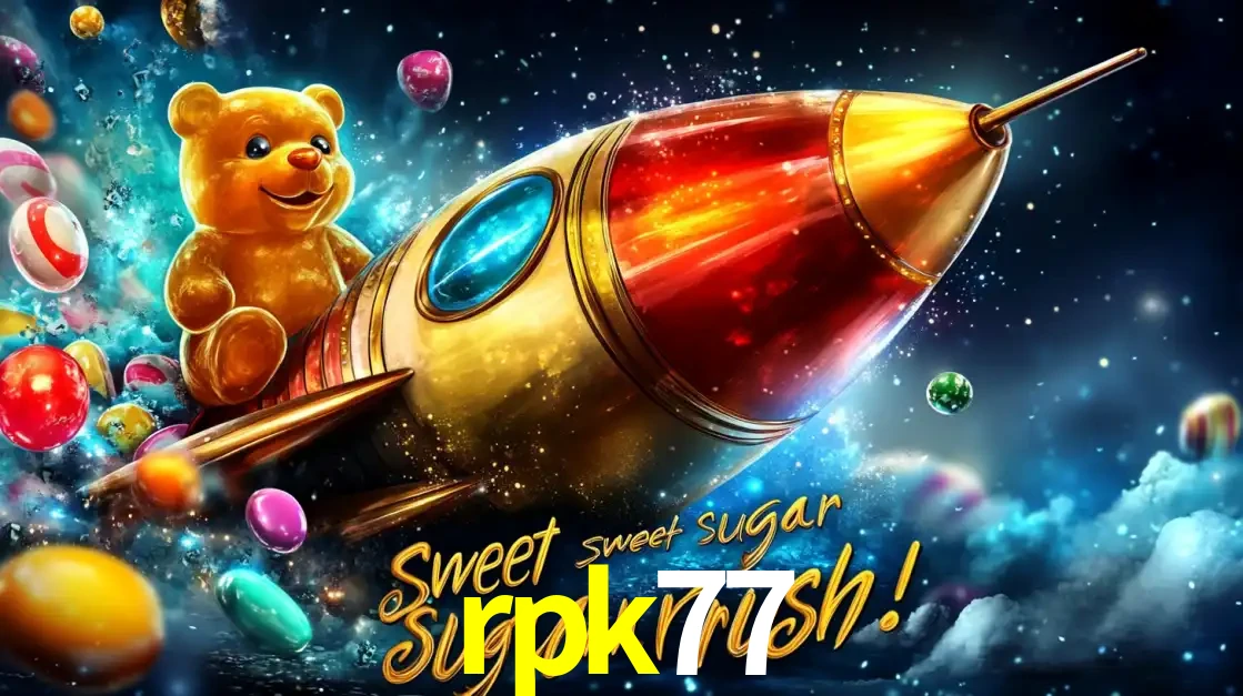 Arte promocional do jogo de slot Sugar Rush, com um urso de pelúcia em um foguete viajando pelo espaço de doces, um dos jogos divertidos disponíveis no cassino rpk77.