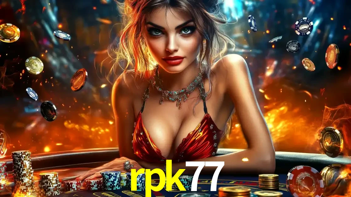 Mulher em uma mesa de cassino com pilhas de fichas e um fundo de fogo, pronta para uma rodada de altas apostas nos jogos de mesa emocionantes do cassino rpk77.