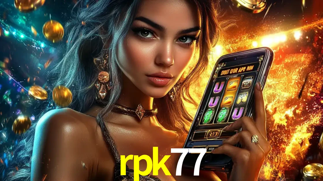 Mulher elegante mostrando um jogo de caça-níqueis em seu smartphone, destacando a experiência de cassino móvel oferecida pelo aplicativo rpk77.