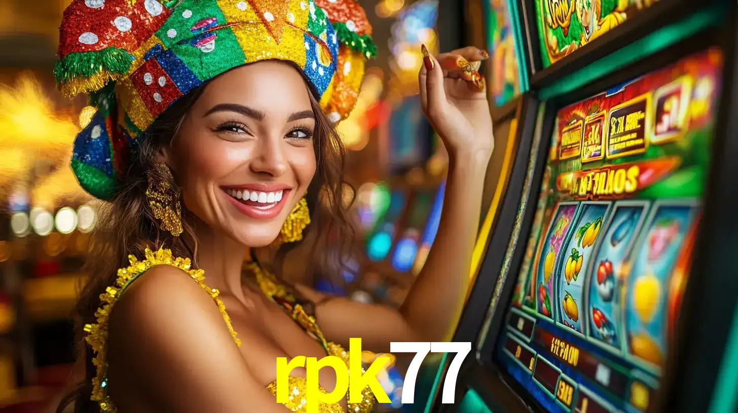 Mulher feliz com traje de carnaval amarelo e colorido ao lado de uma máquina de caça-níqueis, aproveitando a diversão e os jogos temáticos do cassino rpk77.