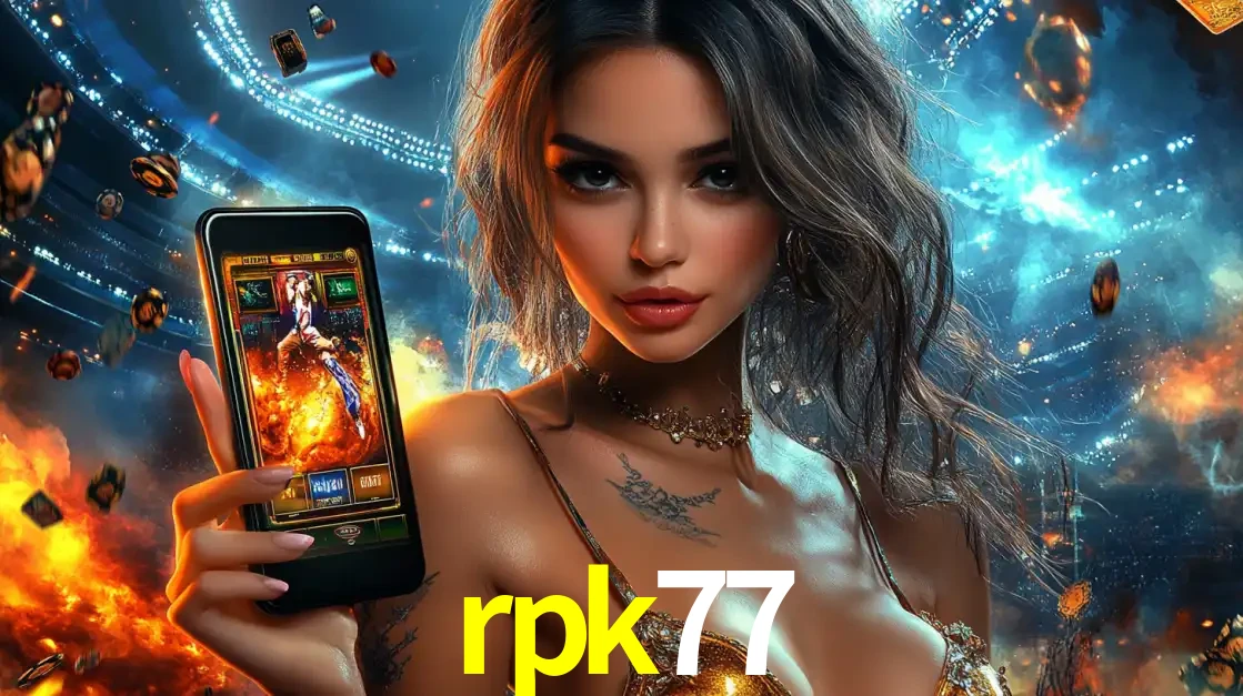 Mulher segurando um celular com um jogo de slot em destaque, tendo como fundo um estádio vibrante, simbolizando a emoção de jogar no cassino móvel rpk77.