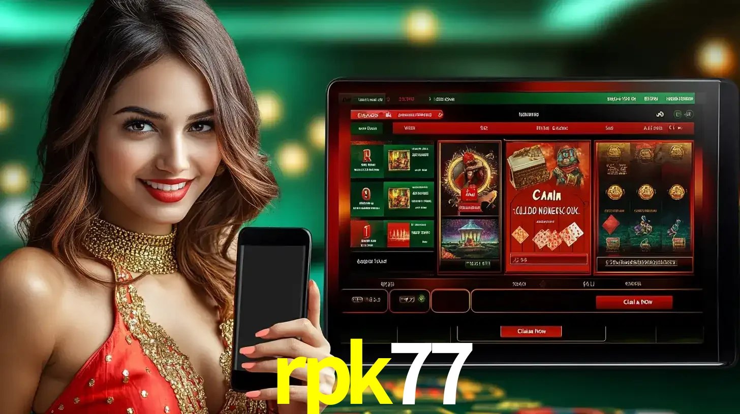 Mulher sorridente segurando um smartphone, ao lado de uma tela exibindo o lobby de jogos do cassino online rpk77, com várias opções de jogos de cartas e slots.